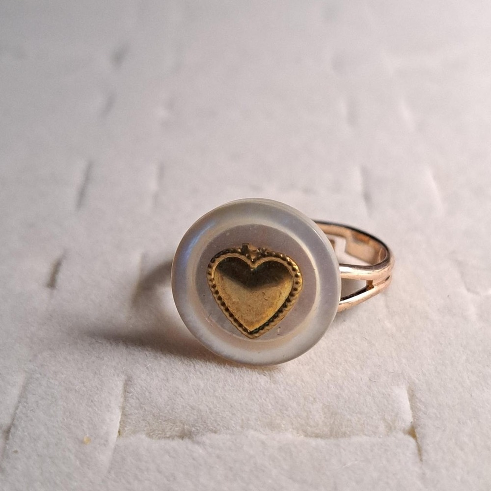 White Button Ring with Gold Heart Charm